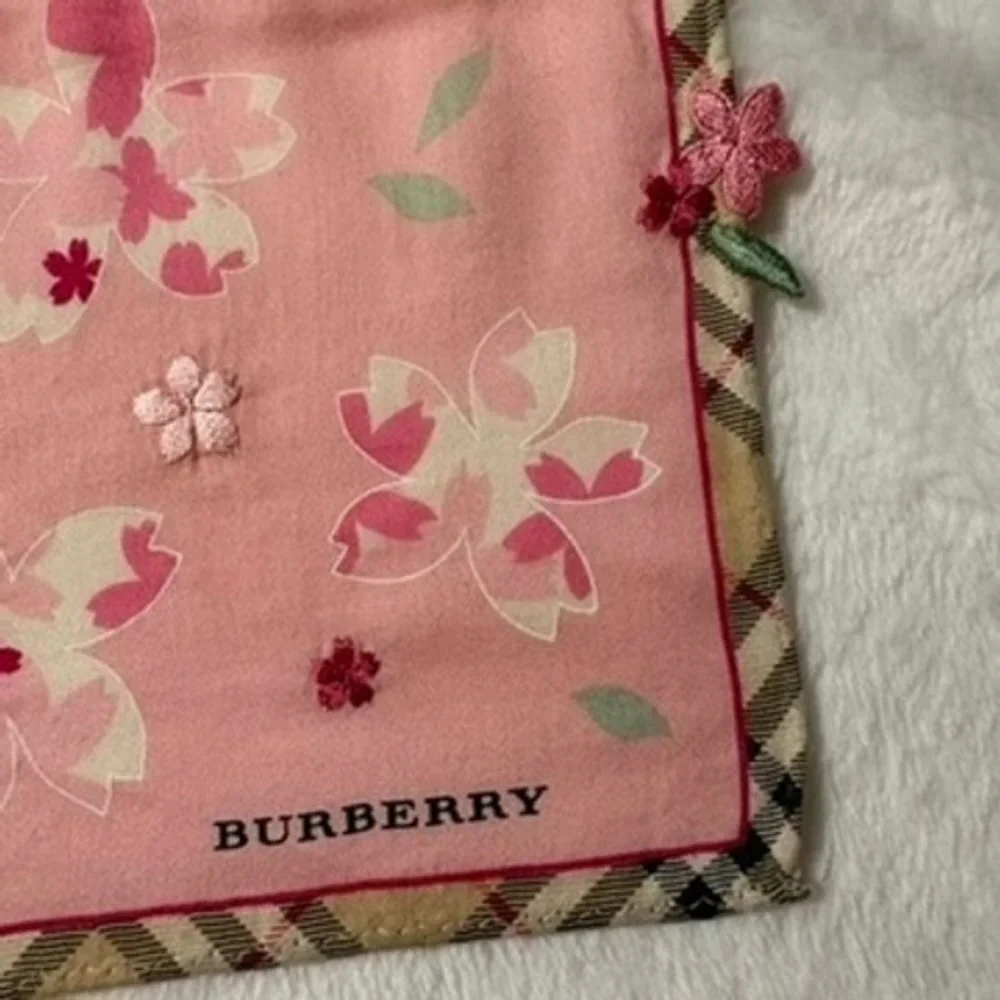 Vtg BURBERRY Scarf Handkerchief Cherry Blossom Floral Pink Cream 19